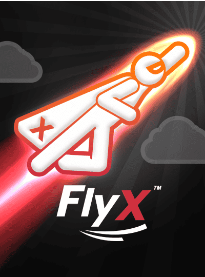 Soar to new heights with the FlyX crash game. A stylized superhero stick figure with a cape flies upwards, leaving a glowing trail of increasing multipliers.