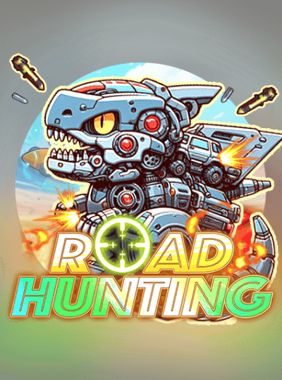 Gear up for intense action in Road Hunting. A heavily armed robotic dinosaur vehicle fires its weapons in a high-speed chase across a desert landscape.