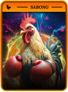 Witness the ultimate fight in the Sabong game. A powerful rooster wearing red boxing gloves stands ready for battle against a cosmic, electrifying background.