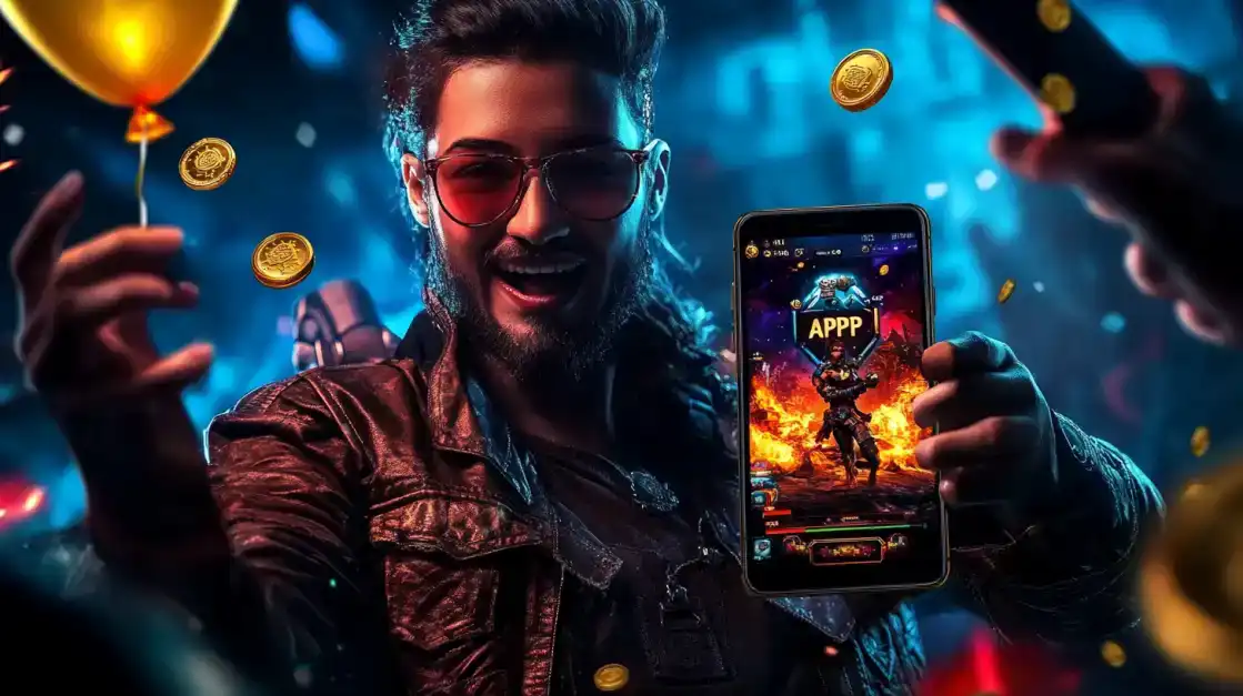 An excited man at a party shows off a thrilling action game on the TK666 mobile app. Download our app for a diverse range of games and non-stop entertainment.