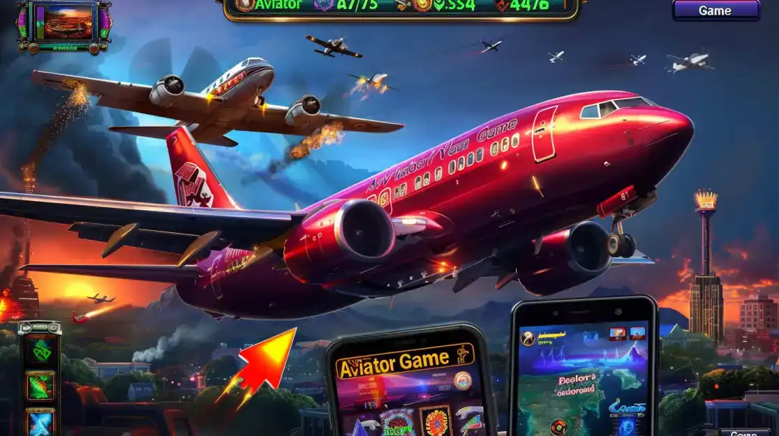 Experience the epic scale of the Aviator Game at TK666. A massive red passenger jet flies over a city, with the game's mobile interface shown for easy access.