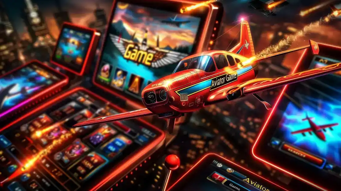 Take to the skies with the Aviator Game on the TK666 mobile platform. A red plane flies over a city skyline across multiple glowing smartphone screens.