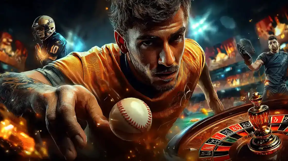 Feel the intensity of the game at TK666. A focused male athlete places a baseball on a roulette wheel, blending the raw action of sports with classic casino thrills.