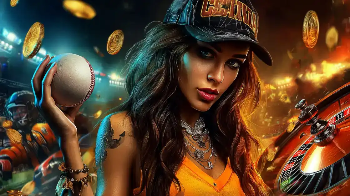 Experience the ultimate fusion of sports betting and casino gaming at TK666. A stylish woman holds a baseball in a dynamic stadium setting with a roulette wheel.