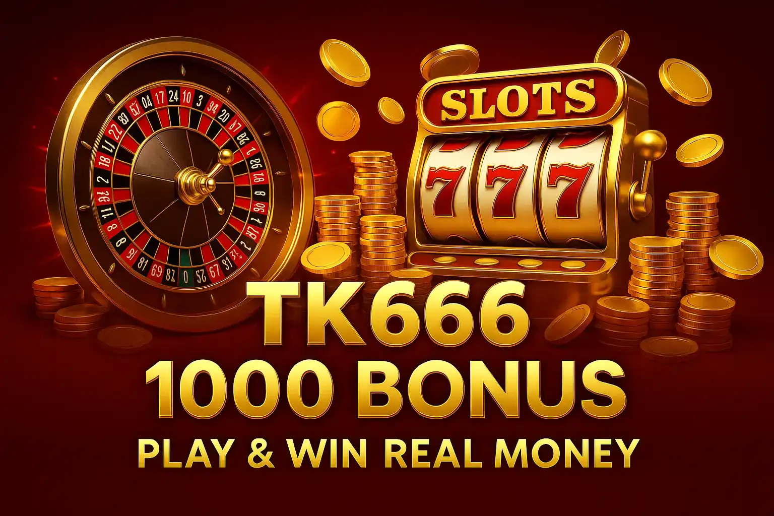 Sign up at TK666 and receive a 1000 bonus! Our promotion features a classic roulette wheel and a 777 slot machine. Play today and win real money.