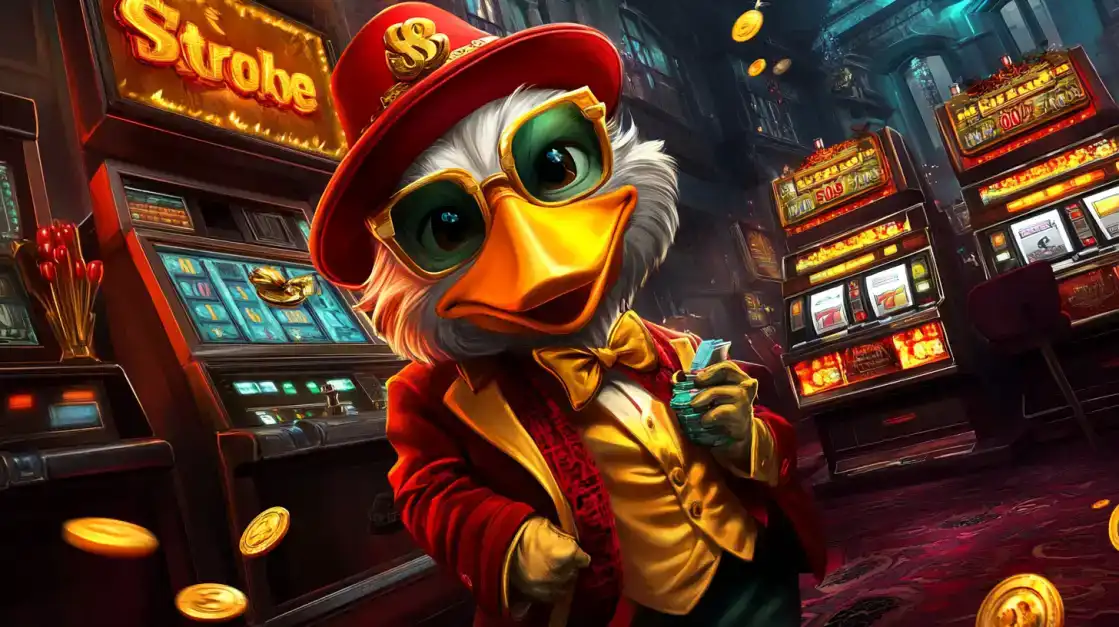 Experience the high-roller lifestyle at the TK666 casino. A stylish duck character in a sharp suit and hat enjoys a night of big wins at the slot machines.