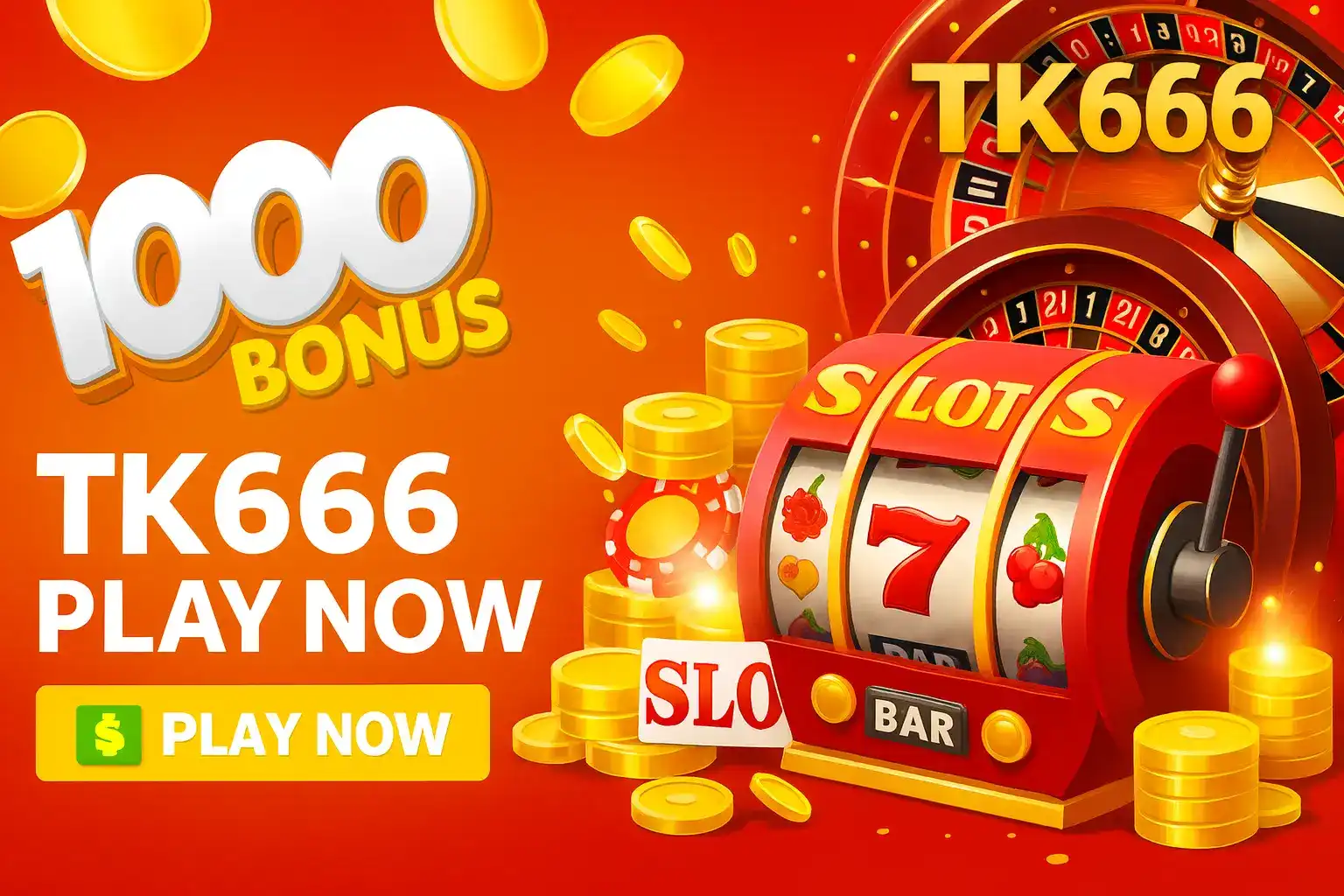Claim your 1000 bonus at TK666 today! This vibrant promotion features a classic slot machine and roulette wheel, inviting you to play now and win big.