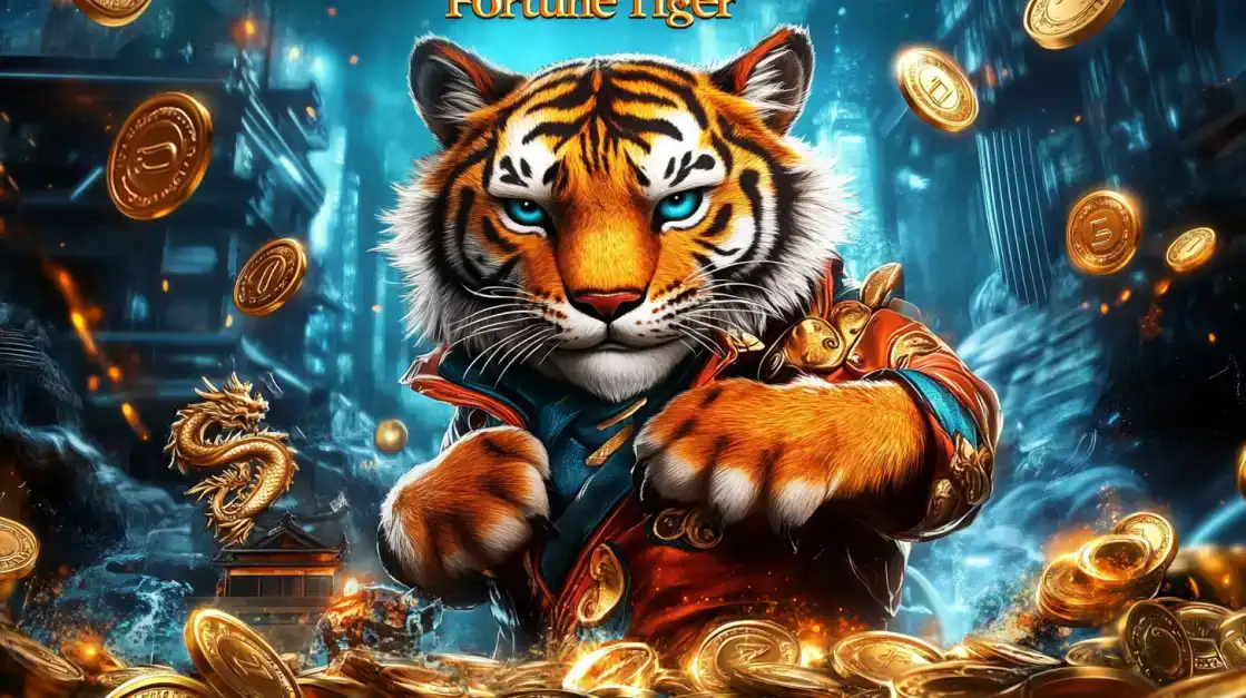 Unleash the power of the Fortune Tiger slot game at TK666. A majestic tiger with glowing eyes sits amidst a shower of gold coins in a mystical city.