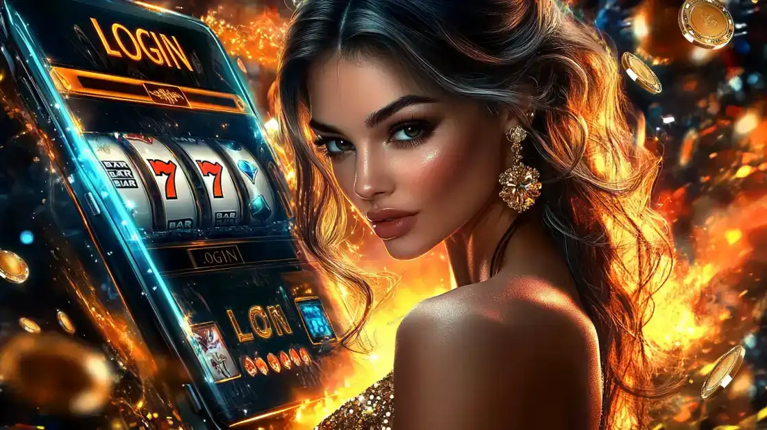 A beautiful woman stands by a glowing 777 slot machine, inviting you to log in to your TK666 account for a thrilling and fiery gaming experience with big win potential.