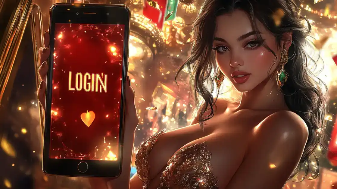 A glamorous woman invites you to log in to the TK666 mobile app. The phone screen shows a simple login, giving you easy access to a world of exciting casino games.