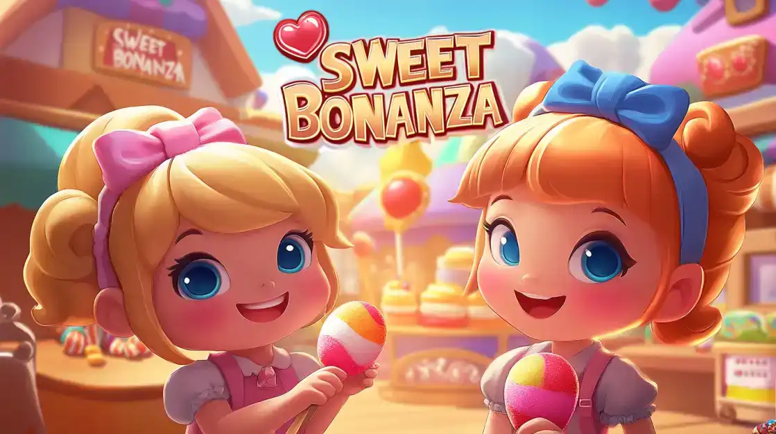 Indulge in the delightful world of the Sweet Bonanza slot at TK666. Two cheerful cartoon girls enjoy a vibrant land filled with candy, cakes, and sweet rewards.